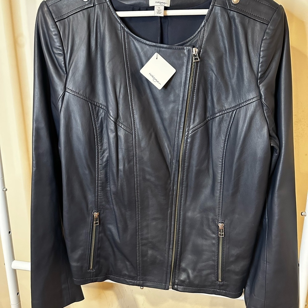 Women's navy Leather Jacket - Picture 3 of 6